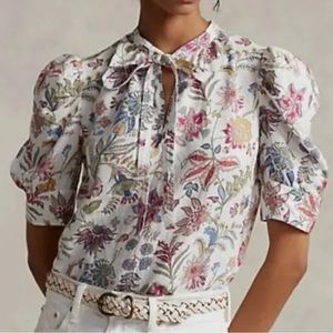 COPY - Polo Ralph Lauren 100% linen floral tie neck puff sleeve blouse